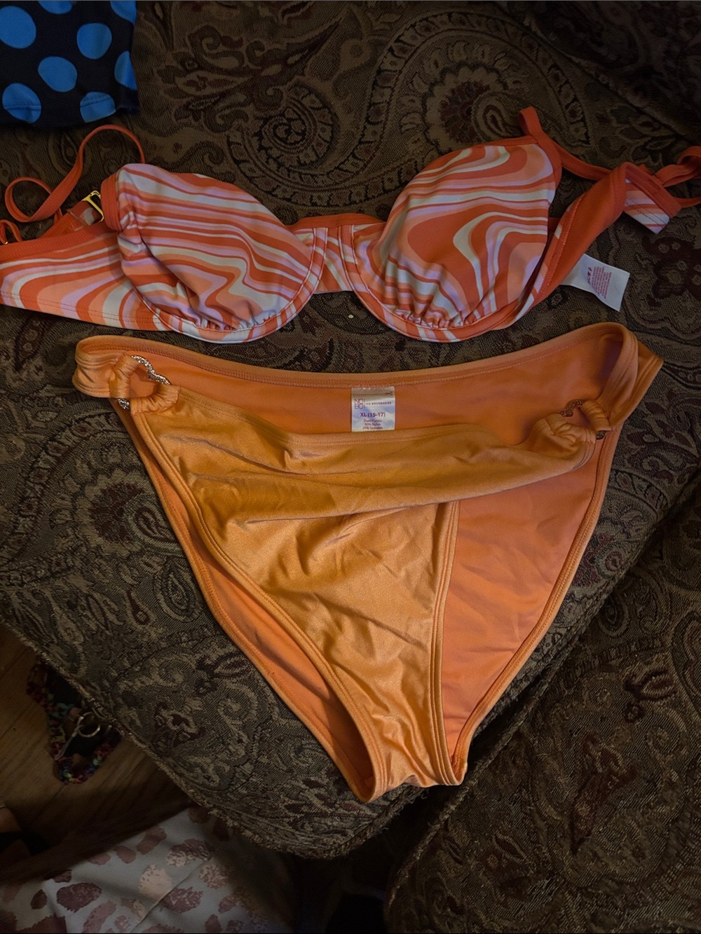 NOBO Orange Swirl Underwire Bikini Top M with Solid Orange High-Waist Bottom XL